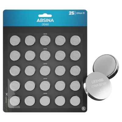 Afbeelding van ABSINA CR2450 knoopcel, set van 25 stuks, voor flitswaarschuwers UVM CR 2450 3V knoopcellen, lekvrij en lange houdbaarheid, batterijen, knoopcellen CR2450, batterij 2450, grote