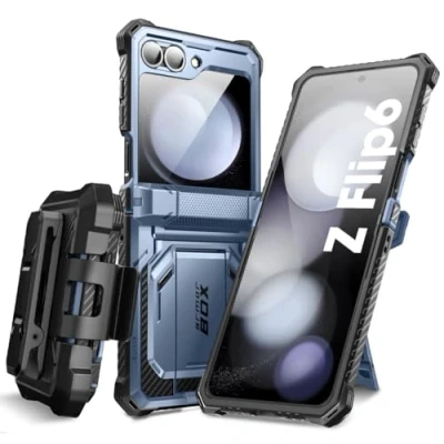 Afbeelding van i Blason Beschermhoes voor Samsung Galaxy Z Flip 6 met standaard [geïntegreerde displaybescherming] [scharnierbescherming] [riemclip] volledige militaire bescherming 6, blauw