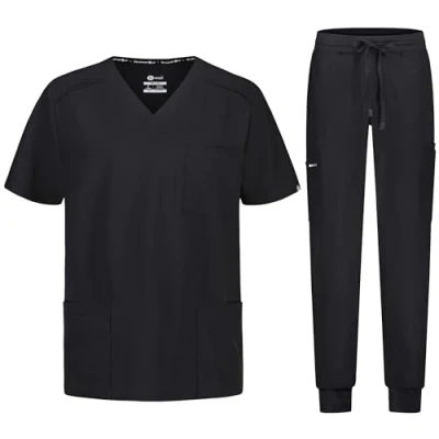 Afbeelding van B well Matteo Scrubset voor heren, jas en joggingbroek, set geneeskunde, arts, uniform, medische beroepskleding met elastaan, zwart, XL
