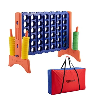 Afbeelding van Amazon Basics Junior BPA vrije 4 to score gigantische hoogwaardige plastic bordspellenset voor binnen en buiten, familiespel met 42 ringen draagtas, perfect om cadeau te geven