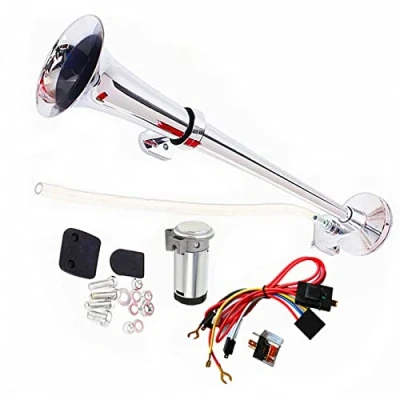 Afbeelding van YIYIDA Luchthoorn voor auto, 150 dB, claxon, 24 V, vrachtwagen, trompet, 45,7 cm (18 inch), chroom, zink, enkele hoorn, zilver, luchtpomp boot, enz