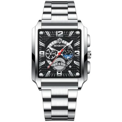 Afbeelding van JewelryWe Mannen Vierkante Lichtgevende Horloges: Zakelijke Datum Waterdichte Analoge Quartz Rechthoekige Hollow Out Dial Roestvrij Staal Tank Horloge, Hol Zilver