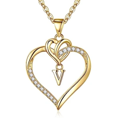 Afbeelding van TINGN Damesketting met hartje, 14 karaats goud/witgoud, verguld zirkonia, harthanger, letterketting, jubileum, verjaardagscadeau voor vrouwen, vriendin, meisjes, Goud
