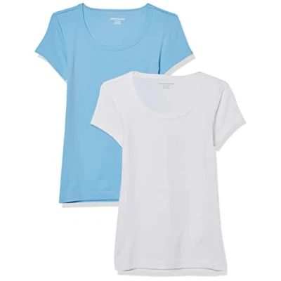 Afbeelding van Amazon Essentials Women&#039;s T shirt met kapmouwen, ronde hals en slanke pasvorm, Pack of 2, Wit/Lichtblauw, M