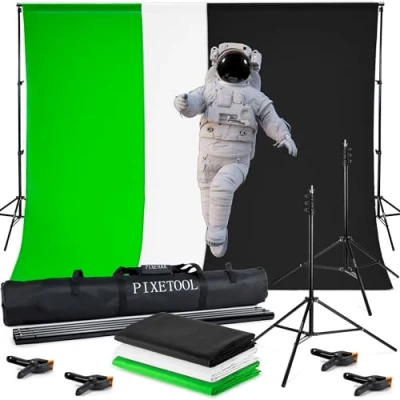 Afbeelding van Pixetool Green Screen Doek 2,8 m x 1,8M met Achtergrondsysteem 2 2M Fotostudio Studio Greenscreens Doeken Inclusief Zwart en Wit Achtergronddoek 4 klemmen