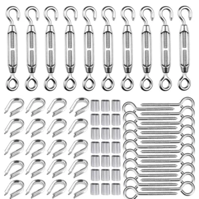 Afbeelding van 3mm staalkabelspannerset, 10 stuks M5 touwspanner spanschroef RVS, 20 oogschroeven, M3 vingerhoeden, 40 krimplus, draadspanner hekspanner voor kabels en staalkabels
