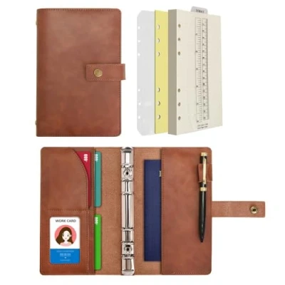 Afbeelding van WONDERPOOL Lederen dagboek, navulbaar notitieboek, ringband, map, portfolio, papier met stippellijnen en binnenvakken voor dames heren, koffiebruin, A6