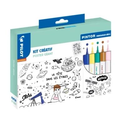 Afbeelding van Pilot PINTOR Creatieve set, decoratieve markers, 1 reuzenposter + 5 markers met fijne punt, donkerblauw/geel/groen/bruin/roze