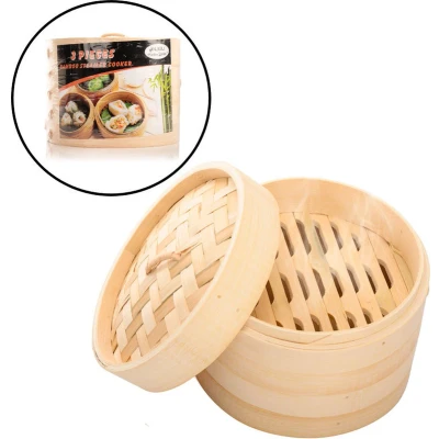 Afbeelding van Decopatent® 3 Delig Stoommandje met deksel Ø18 Cm Bamboe Rijst Stoommanden Stomer Steamer Cooker Dim Sum Stoomschaal