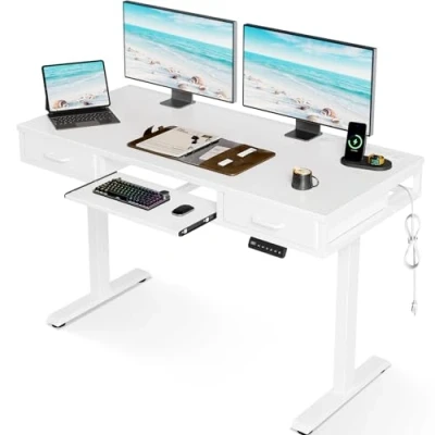 Afbeelding van OffiGo in Hoogte Verstelbaar Bureau met Laden, 120cm Elektrisch Toetsenbordlade, Computerbureau Stopcontact, Staand Kantoor, Wit