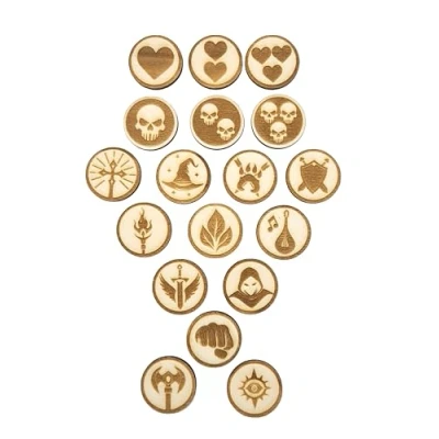 Afbeelding van Printable Adventure Lasergegraveerde DND heldentokens van hout, 18 Battlemap markers voor alle klassen &amp; Death Saves, Dungeons and Dragons tabletopaccessoires