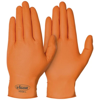 Afbeelding van ViGOR nitril handschoenen V6436 L 100 stuks uitstekende grip, antislip, zelfs bij het werken met olie, vet, chemicaliën en vuil touchscreen kleur: oranje, maat 9 (L)&#039;.