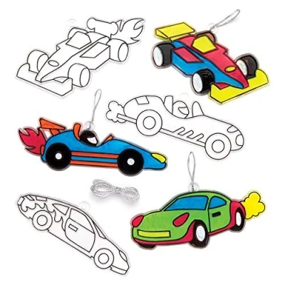 Afbeelding van Baker Ross knutselsets voor decoratieve aanhangers &quot;racewagen&quot; met kleurglas effect (6 stuks) kinderen om samen te zetten en decoreren