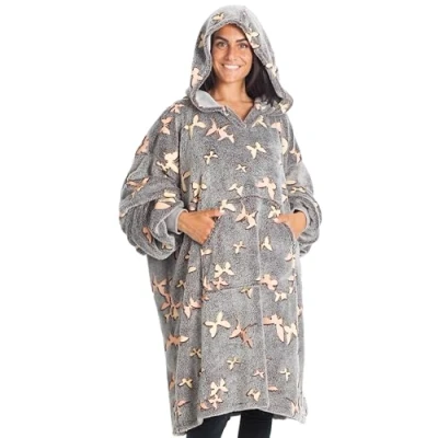Afbeelding van Kanguru Kangurone Glow Butterflies Hoodie Fleece Deken sweatshirt met, Oversized Draagbare in the Dark Vlinders met bonteffect, Grijs, voor Volwassenen Mannen Vrouwen maat 95x95cm