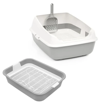 Afbeelding van Set kattenbak met rand en reinigingszeef eerste schaaltoilet voor kittens kattenbaby&#039;s konijnen afneembare hoge grijs