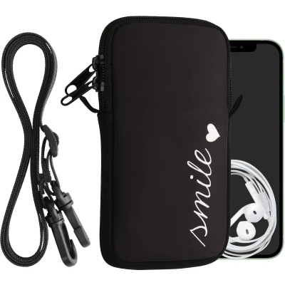 Afbeelding van kwmobile Tasje voor smartphones L 6,5&quot; Hoesje van neopreen in wit / zwart Phone case met nekkoord Smile en Hartje design