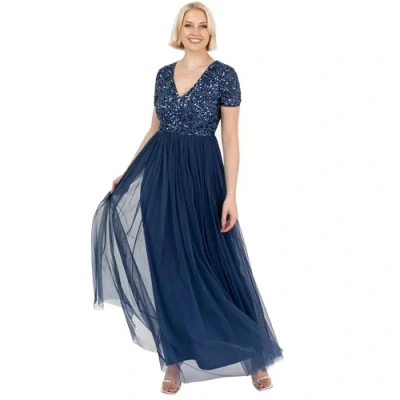 Afbeelding van Maya Deluxe Dames V hals verfraaid maxi jurk korte mouw Empire taille Prom afstuderen bruidsmeisje bruiloft gast, Franse marine, 16, 42