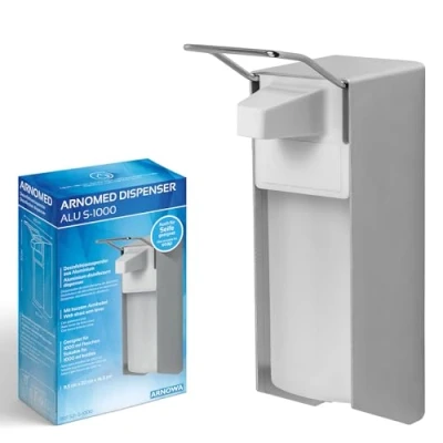 Afbeelding van ARNOMED 1x aluminium desinfectiemiddeldispenser, desinfectiemiddeldispenser voor 1000 ml, dispenser met korte armhendel, zeepdispenser wandmontage, zeepdispenser, wand