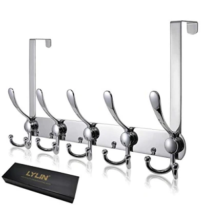 Afbeelding van Over de Deurhaak Hanger, LYLIN Roestvrijstalen Hangers Voor Deur met 15 Haken, Opbergrek Zwaar Gebruik Wandhanger Jas, Kleding, Handdoek, Tas (Zilver, Deuren Dikte 4,5 cm)