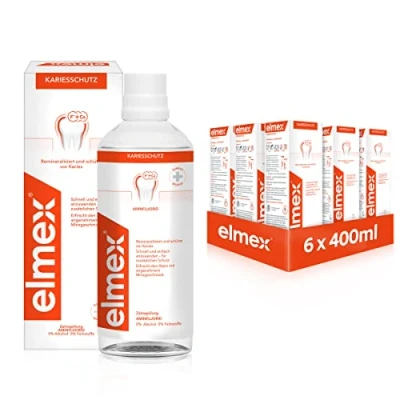 Afbeelding van elmex Mondspoeling, cariësbescherming, 6 x 400 ml, antibacteriële tandreiniging zonder alcohol beschermt effectief tegen cariës, voor dagelijks gebruik met dubbel actief calciumfluoride beschermschild
