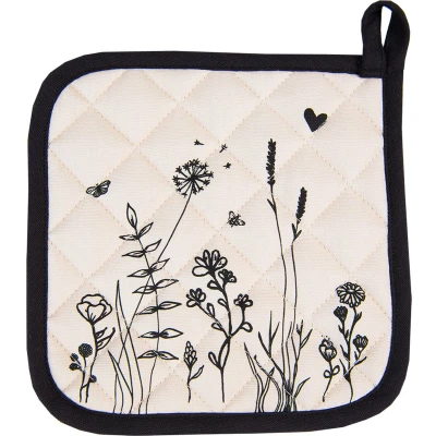 Afbeelding van Clayre &amp; Eef Pannenlap 20x20 cm Beige Zwart Katoen Bloemen Afgiet