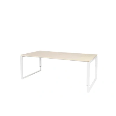 Afbeelding van Domino Plus vergadertafel, hoogte instelbaar (62 85cm) met 200x100cm &#039;zwevend&#039; robson eiken 25mm blad en wit (RAL9010) O poot frame