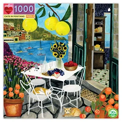 Afbeelding van eeBoo Cats in Positano 1000 stukjes gerecycled karton puzzel over katten rust, PZTCPT