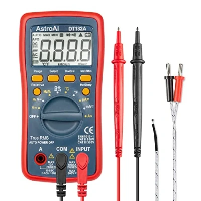 Afbeelding van AstroAI Digitale Multimeter, Advanced meten AC/DC spanning, stroom, weerstand, continuïteit, capaciteit, frequentie, tests diodes, transistors, temperatuur, rood (Wit)