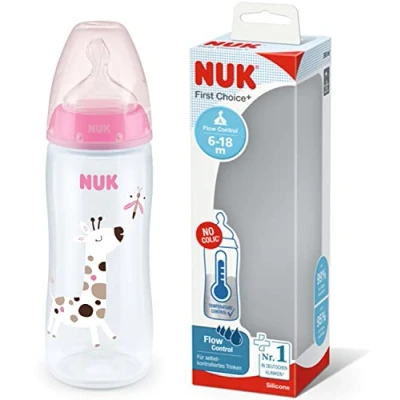 Afbeelding van NUK First Choice Flow Control fles 6 18 maanden temperatuurregeling siliconen fopspeen antikoliekventiel BPA vrij 360 ml roze 1 stuk