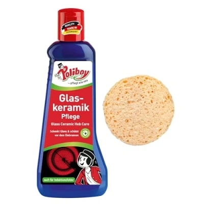 Afbeelding van Poliboy keramische verzorging, verzorging met inbrandbeveiliging, kookplaatreiniger voor glaskeramiek, 1 x 200 ml, spons, Made in Germany