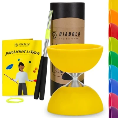 Afbeelding van Diabolo Freizeitsport Jongleerset Basic (geel) met aluminium handsticks, reservekoord, handleiding. Perfect voor kinderen, beginners en