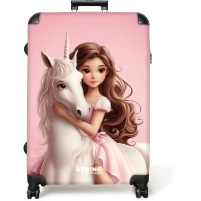 Afbeelding van NoBoringSuitcases.com® Koffer groot Reiskoffer lichtgewicht Meisje met witte eenhoorn op roze achtergrond Rolkoffer 4 wielen Grote trolley XL 98 liter bagage