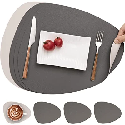 Afbeelding van Myir JUN Lederen tafelmatten en onderzetters, Placemat Waterdichte Dubbelzijdige Keuken Plaats Matten Koffiematten Antislip Wasbare Placemats Onderzetters (Set van 4, Grijs/Wit)