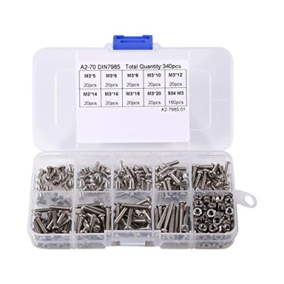 Afbeelding van M3 Set met 340 stuks schroeven assortiment bouten ronde kop verzonken Phillips kruiskop volledig schroefdraad van roestvrij staal 304 zeshoekige moeren, x 5/6/8/10/12/14/16/18/20 mm
