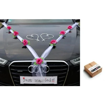 Afbeelding van Organza M + hart bruidspaar roos decoratie autoversiering bruiloft auto deco Ratan slinger ®Auto schmuck PKW (Violet/Wit)