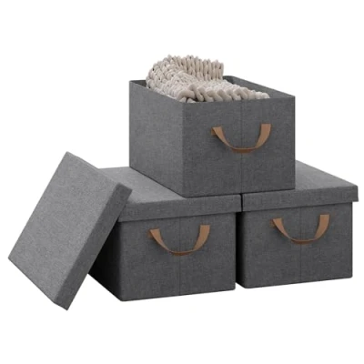 Afbeelding van WOLTU ABB01gbn 3 Opbergdoos met deksel, set van stoffen dozen, opbergmanden handgrepen, opbergkubus, opvouwbare doos voor kleding, speelgoed, vouwdoos, grijs, 38 x 20 27 cm