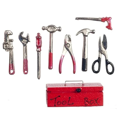 Afbeelding van Melody Jane Poppenhuis Rood Gereedschapskist &amp; Metalen Gereedschap Miniatuur Tuin 1:12 Schuur Werk Accessoire