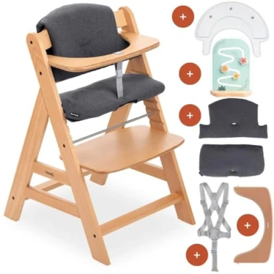 Afbeelding van Hauck kinderstoel Alpha Plus incl. Play Tray Basis, speelopzetstuk Planting Flowers &amp; zitkussen Meegroeiende babystoel van hout, vanaf 6 maanden, verstelbaar natuur