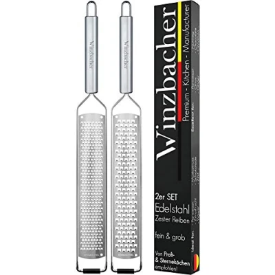 Afbeelding van Winzbacher® HET ORIGINEEL [Set van 2] Rasp roestvrij staal Parmezaanse kaasrasp, citroenrasp, nootmuskaatrasp, gemberrasp, zester vlijmscherp mes incl. beschermkap en reinigingsborstel