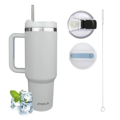 Afbeelding van STARLA Thermosbeker met rietje en handvat, 1,2 l, groot, 2 deksels, lekvrij, roestvrijstalen isolatiebeker, koffiebeker, bekerbeker, reisbeker, drinkbeker grijs