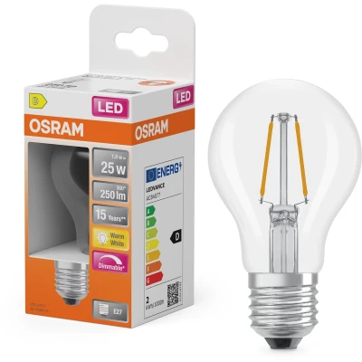 Afbeelding van OSRAM LED lamp Superstar A25 gloeilampvormig filament dimbaar, 2700 K warm wit, 1,8 W, E27, helder, 250 lm, 15.000 h, voor plafond en staande lampen
