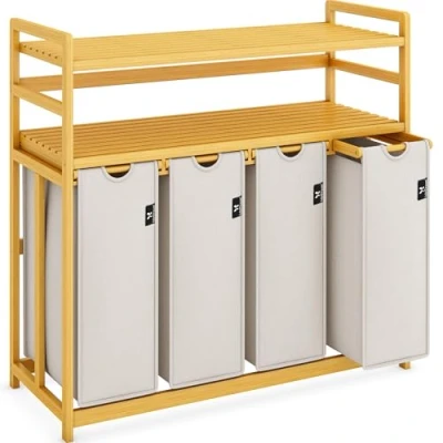 Afbeelding van AdelDream Wasmand, wassorteerder met planken, 4 vakken, 2 wasbox, bamboe, waszak, uittrekbaar en afneembaar, 200 liter, lichtgrijs 12