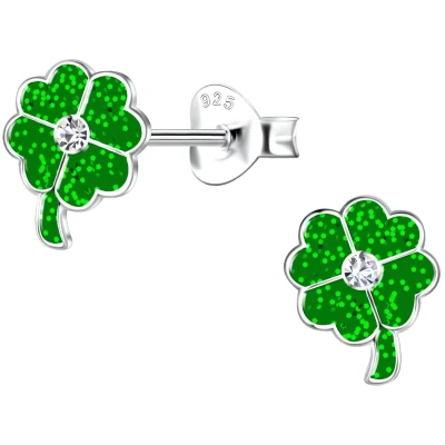 Afbeelding van JoyS Zilveren klaver oorbellen 6 x 8 mm groen met glitter klavertje vier oorknoppen kristal kinderoorbellen