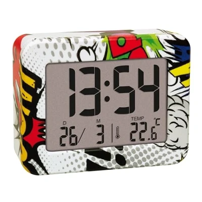 Afbeelding van TFA Dostmann Mini wekker Comic Teenager, 60.2044.40, met interne thermometer, werkt op batterijen, en datum, kwartsuurwerk, reiswekker, klein