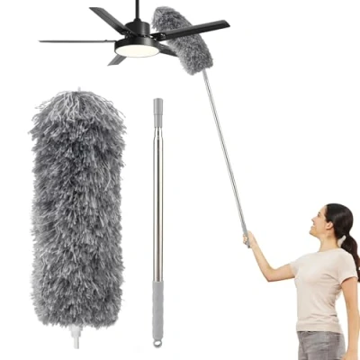 Afbeelding van Stofdoek, telescopisch, wasbaar, lang, uittrekbaar, 2,5 m, buigbaar, stofwisser voor plafonds, spinnenwebben, hoge plafondventilator