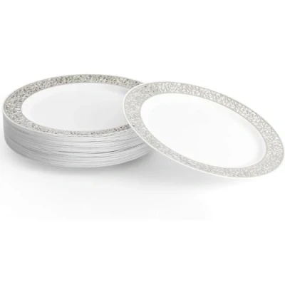 Afbeelding van MATANA 20 Witte Plastic Borden met Zilveren Rand (26cm), Feestbordjes voor Bruiloften, Verjaardagen, Dopen, Kerstmis &amp; Feesten Stevig en Herbruikbaar