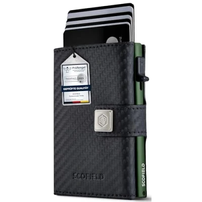 Afbeelding van SF SCOFIELD Trinity Slim Wallet met muntvak, premium creditcardhouder voor heren, 10 12 kaarten, RFID bescherming, portemonnee mannen, smart wallet, Carbon Night Green, S Münzfach, Modern