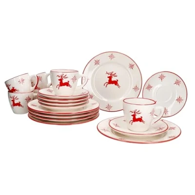 Afbeelding van MamboCat Kerstmis 18 delig koffieservies I aardewerk koffieset voor 6 personen met hert en sneeuwvlokken in rood x koffiekopjes 150 ml, schoteltjes taartborden Sinterklaas