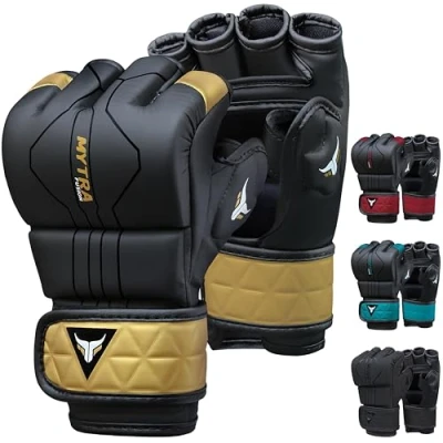 Afbeelding van Mytra Fusion MMA handschoenen met open geventileerde palm sparring kickboksen, grappling, training, kooi vechtende gemengde vechtsporten (Black/Gold, L)