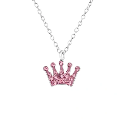 Afbeelding van JoyS Zilveren kroontje hanger 11 x 8 mm kristal roze met ketting 39 cm voor kinderen